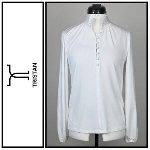 Tristan White Satin Trim Blouse – Minimalist Chic Long Sleeve Top – Size XS